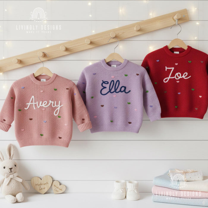 Embroidered Name Baby/Kids Sweater with Pastel Hearts