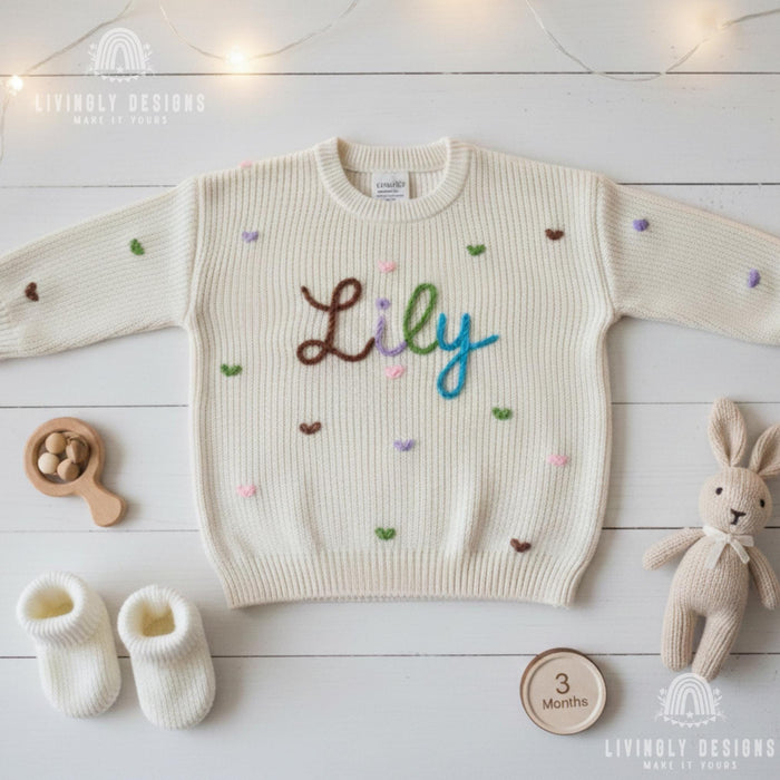 Embroidered Name Baby/Kids Sweater with Pastel Hearts