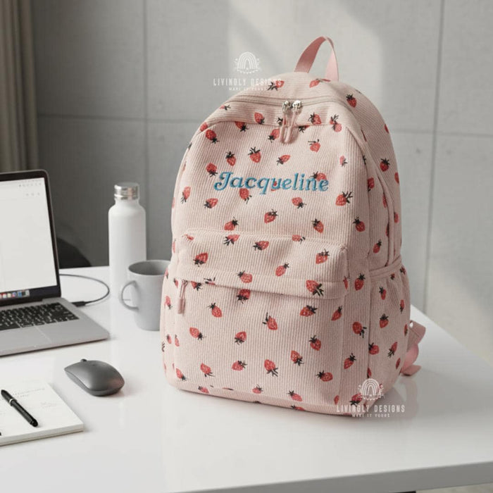 Custom Name Strawberry Corduroy Backpack