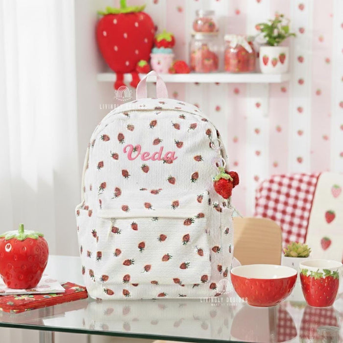 Custom Name Strawberry Corduroy Backpack