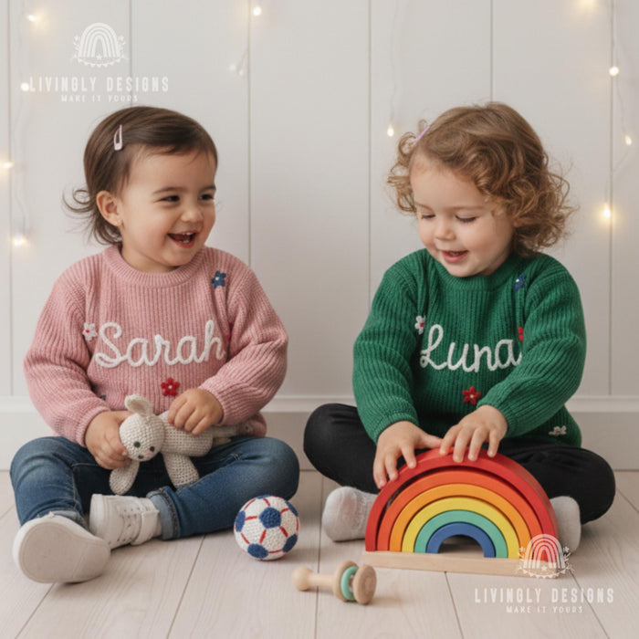 Personalized Embroidered Red White Blue Floral Kids Sweater