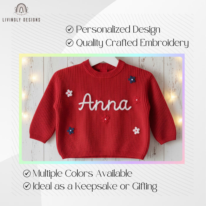 Personalized Embroidered Red White Blue Floral Kids Sweater