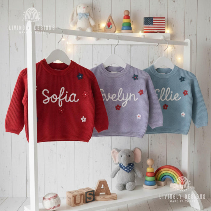Personalized Embroidered Red White Blue Floral Kids Sweater