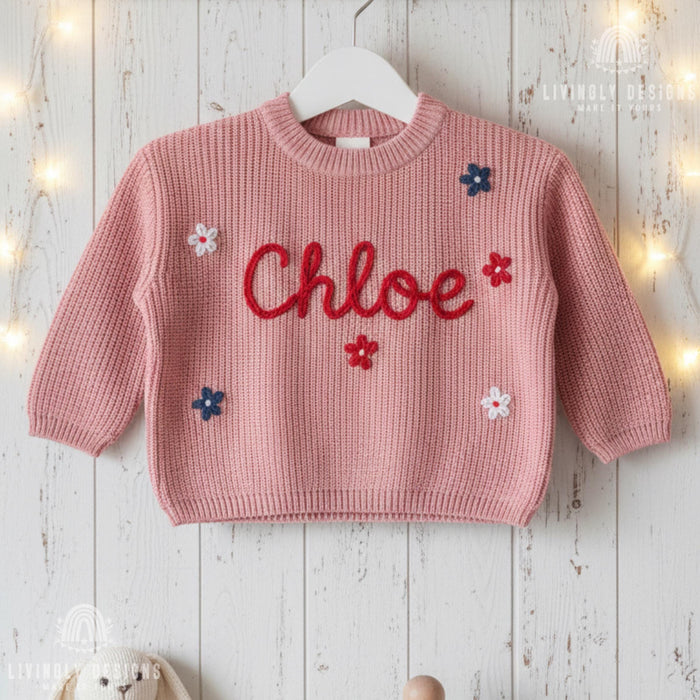 Personalized Embroidered Red White Blue Floral Kids Sweater