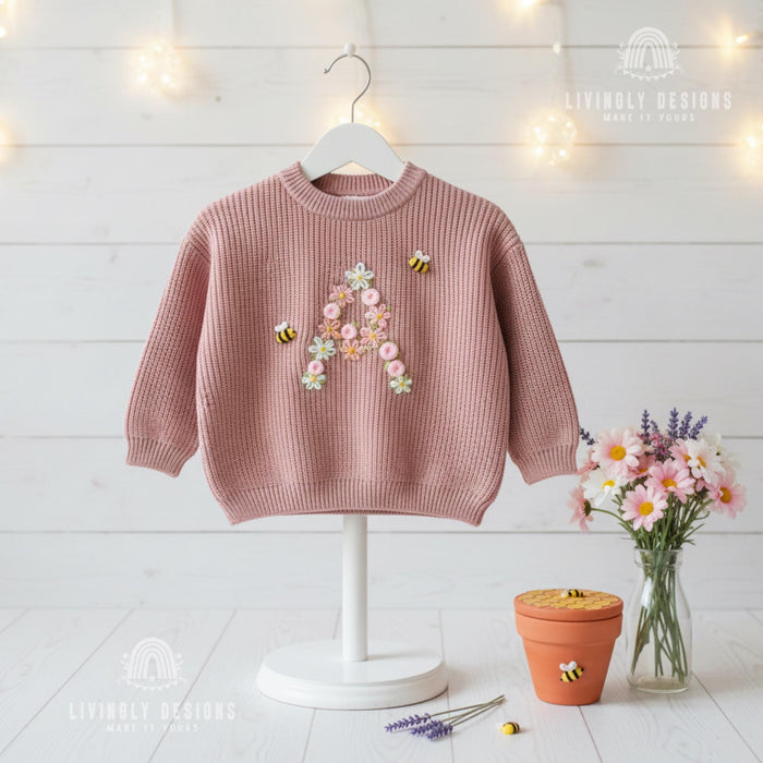 Personalized Floral Monogram Bee Accent Sweater