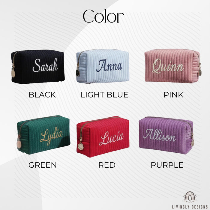 Custom Name Small Quilted Corduroy Travel Makeup Pouch Organizer Gift