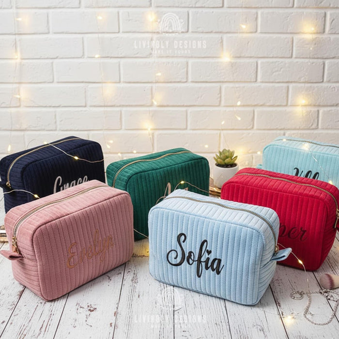 Custom Name Small Quilted Corduroy Travel Makeup Pouch Organizer Gift