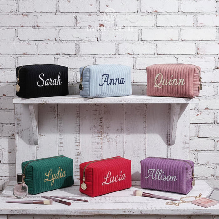 Custom Name Small Quilted Corduroy Travel Makeup Pouch Organizer Gift