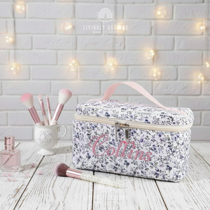 Custom Name Floral Makeup Bag Cosmetic Case