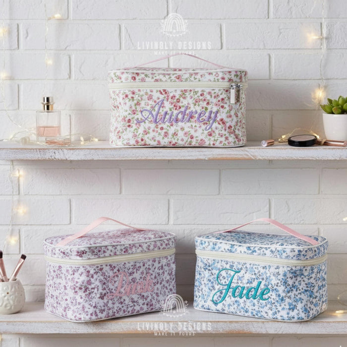 Custom Name Floral Makeup Bag Cosmetic Case
