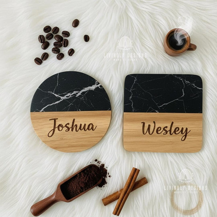 Personalized Name Marble Wood Hexagon Coasters
