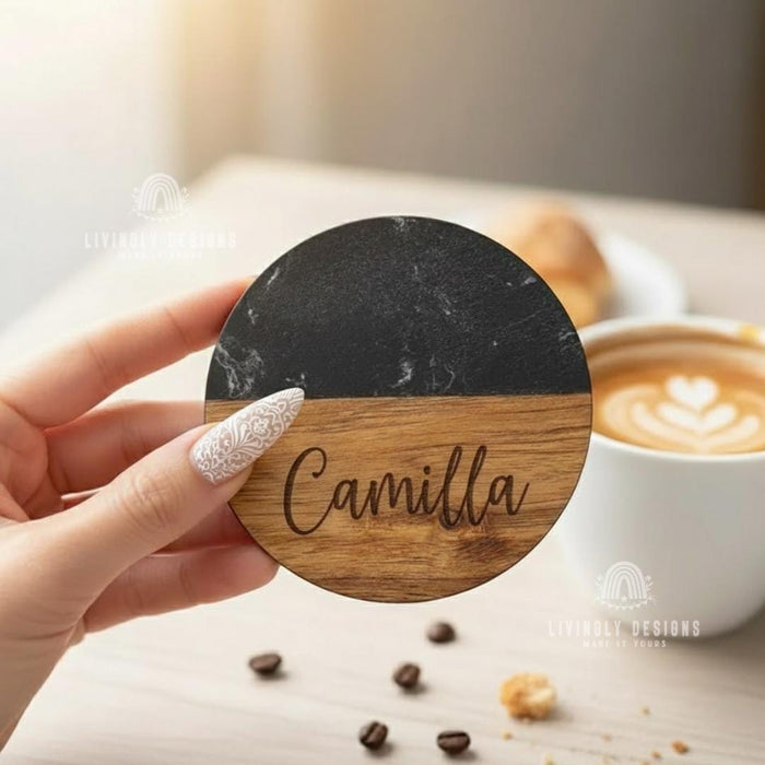 Personalized Name Marble Wood Hexagon Coasters
