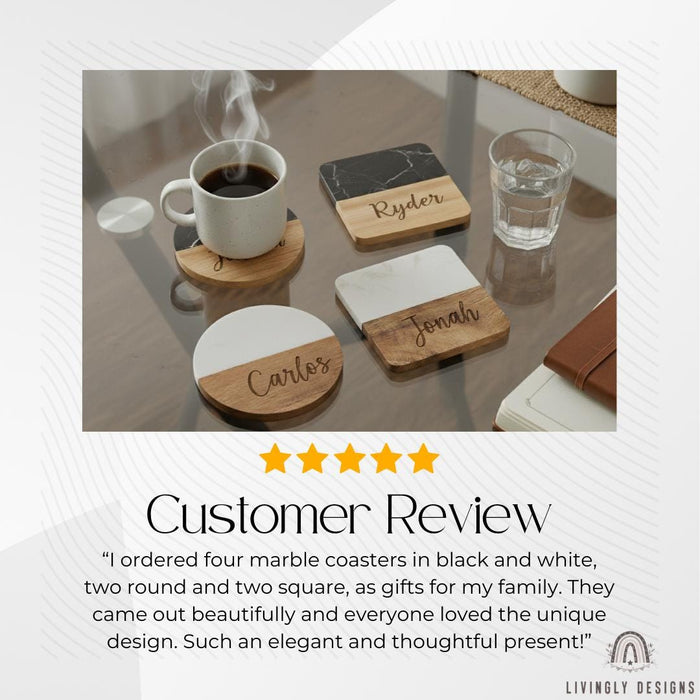 Personalized Name Marble Wood Hexagon Coasters
