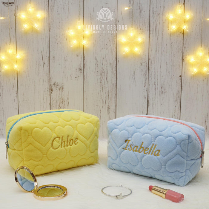 Personalized Name Embroidered Makeup Bag with Hearts
