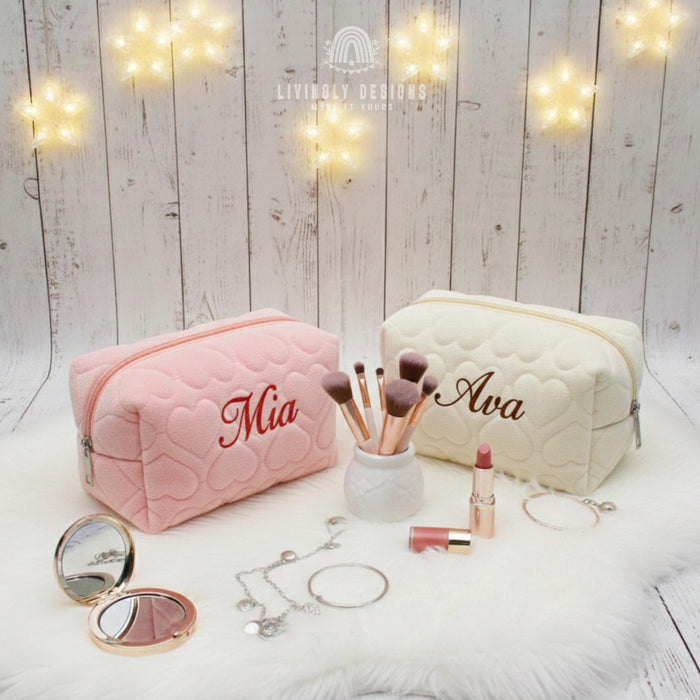 Personalized Name Embroidered Makeup Bag with Hearts