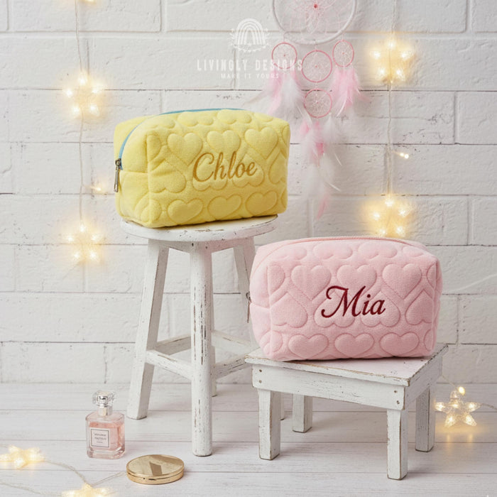 Personalized Name Embroidered Makeup Bag with Hearts