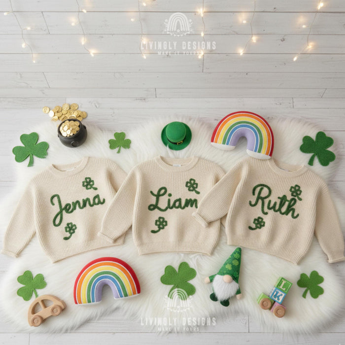 Personalized St Patrick's Day Sweater Shamrock Embroidered