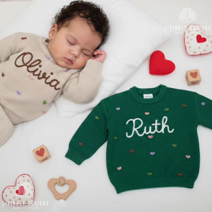 Embroidered Name Baby/Kids Sweater with Pastel Hearts