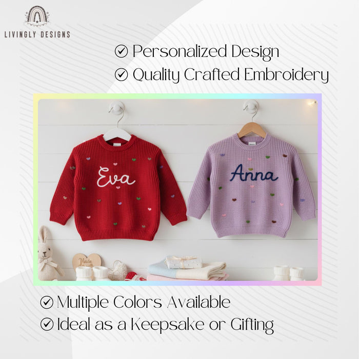 Embroidered Name Baby/Kids Sweater with Pastel Hearts