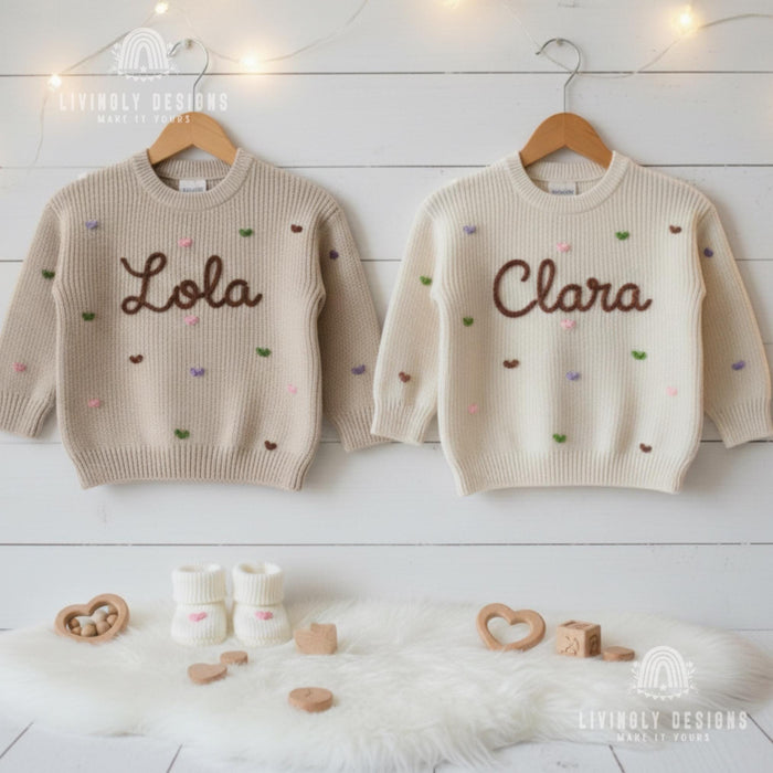 Embroidered Name Baby/Kids Sweater with Pastel Hearts