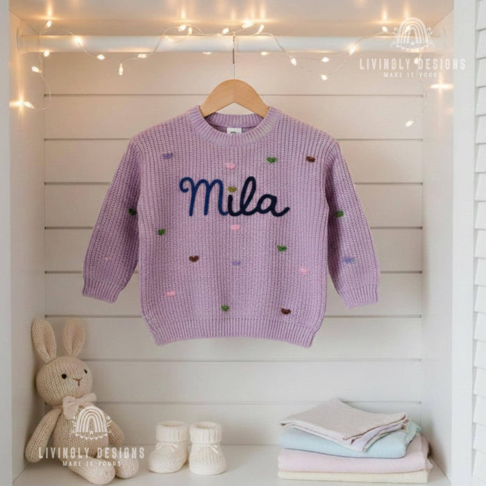 Embroidered Name Baby/Kids Sweater with Pastel Hearts