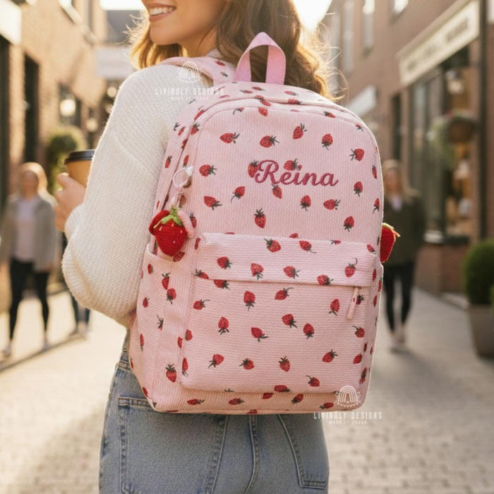 Custom Name Strawberry Corduroy Backpack