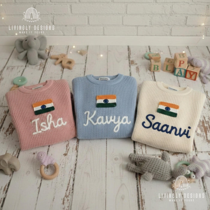 Personalized Name Kids India Flag Knit Sweater