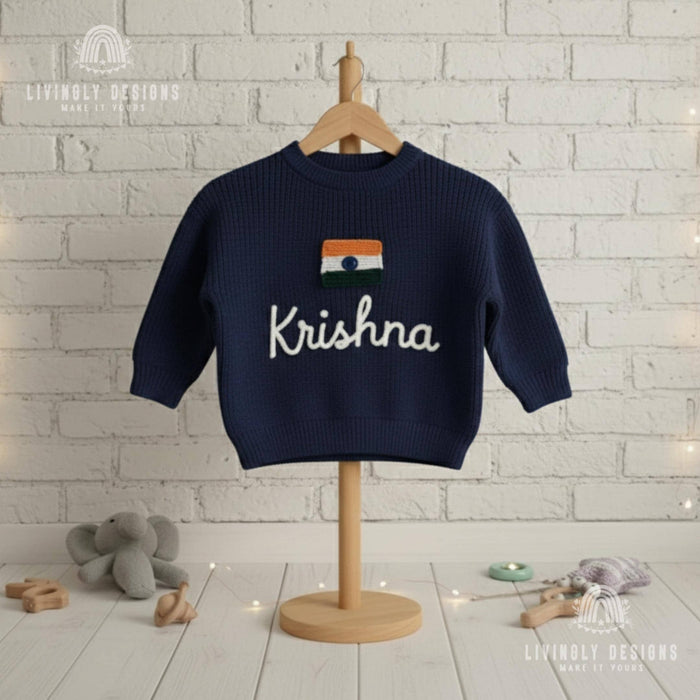 Personalized Name Kids India Flag Knit Sweater