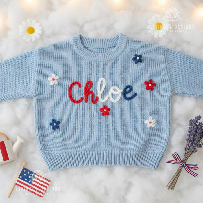 Personalized Embroidered Red White Blue Floral Kids Sweater