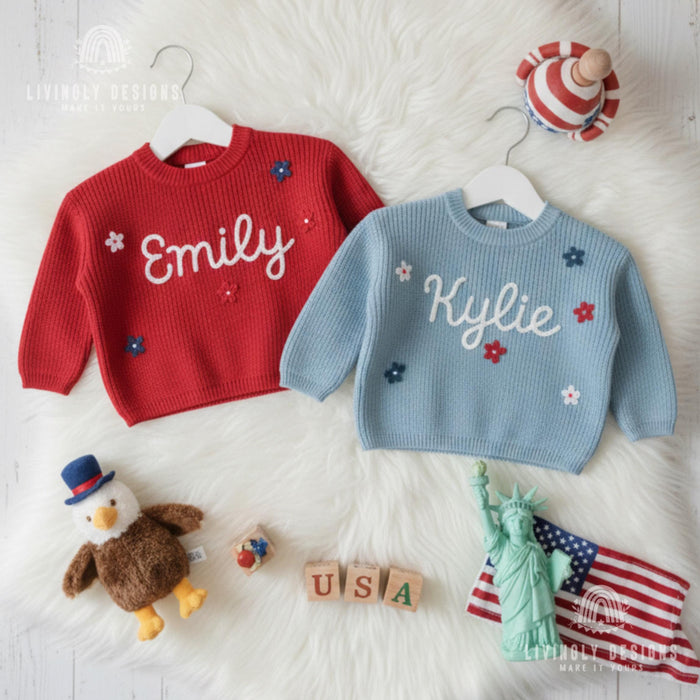Personalized Embroidered Red White Blue Floral Kids Sweater