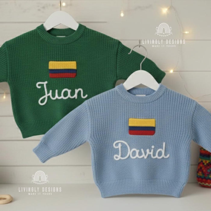 Personalized Name Kids Colombian Flag Knit Sweater