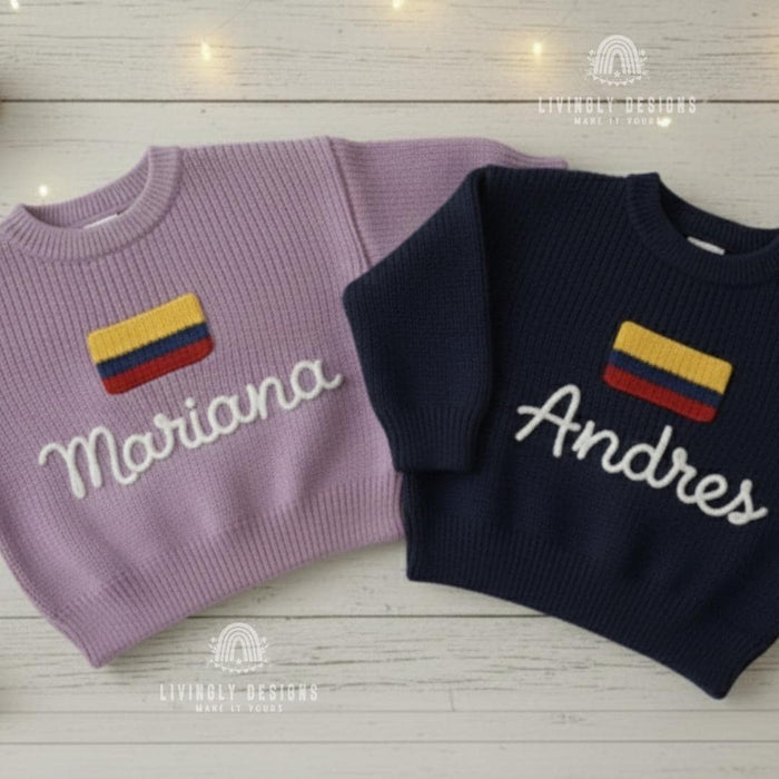 Personalized Name Kids Colombian Flag Knit Sweater