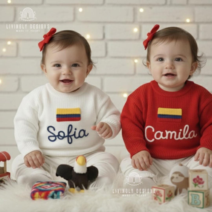 Personalized Name Kids Colombian Flag Knit Sweater