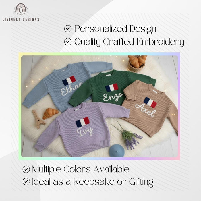 Personalized Name Kids French Flag Knit Sweater
