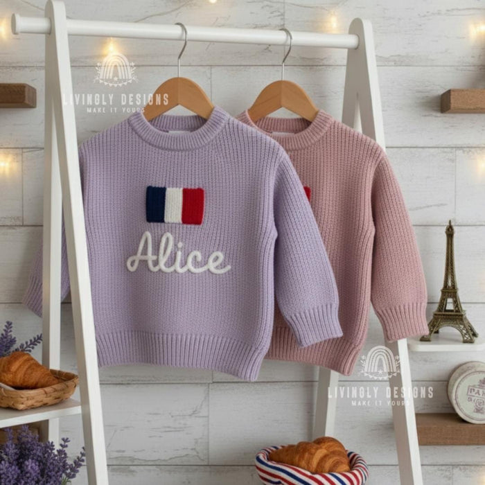 Personalized Name Kids French Flag Knit Sweater