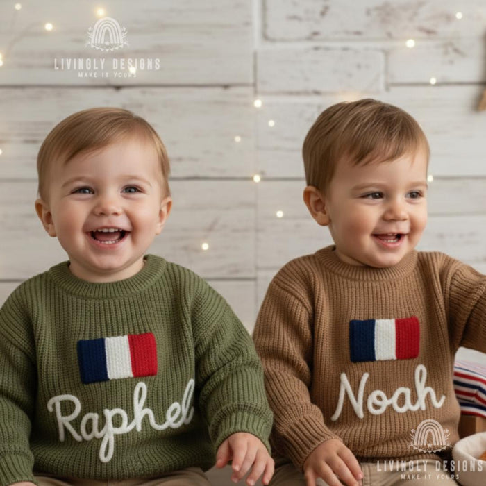 Personalized Name Kids French Flag Knit Sweater