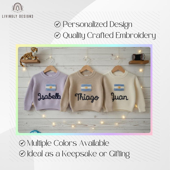 Personalized Name Kids Argentina Flag Knit Sweater