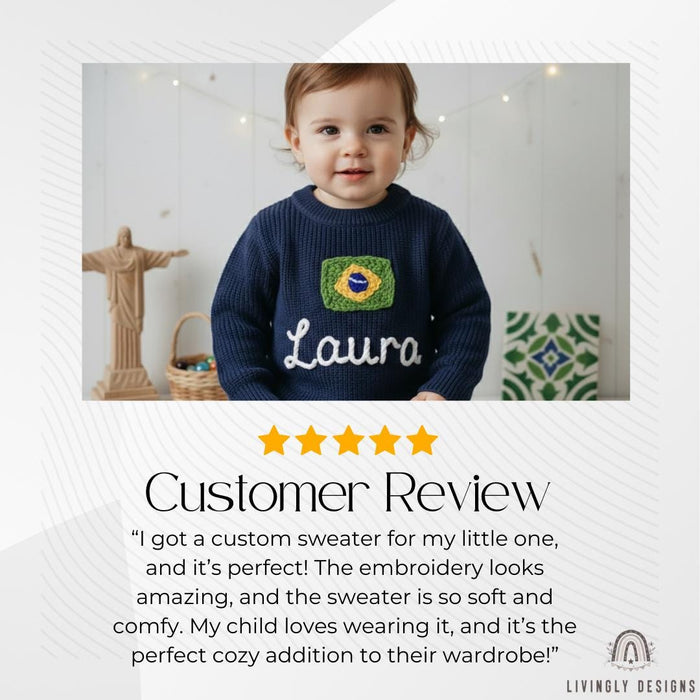Personalized Name Kids Brazil Flag Knit Sweater