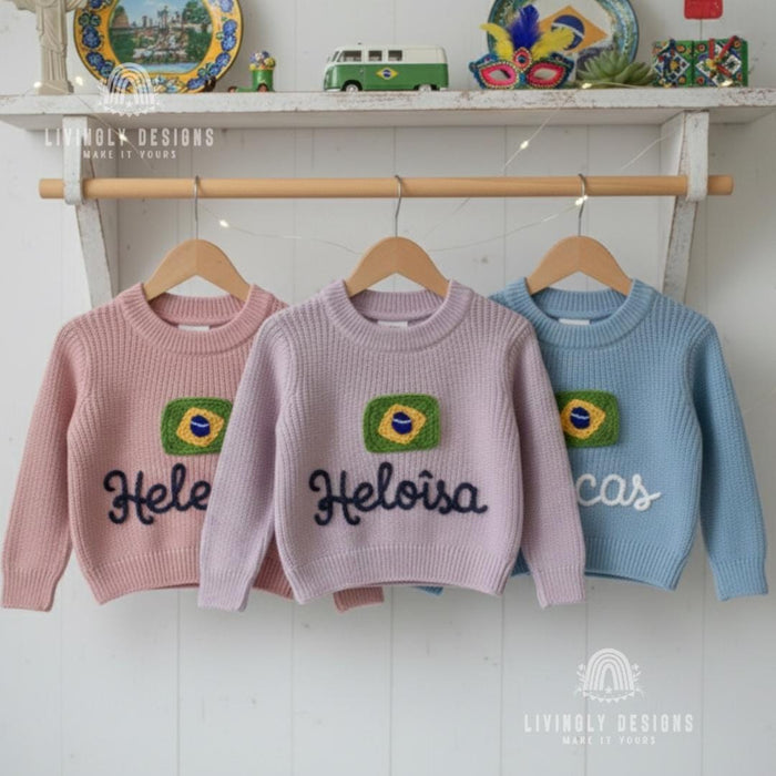 Personalized Name Kids Brazil Flag Knit Sweater
