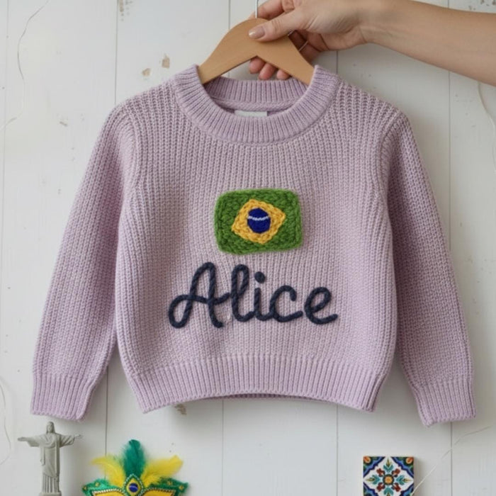 Personalized Name Kids Brazil Flag Knit Sweater