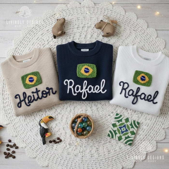 Personalized Name Kids Brazil Flag Knit Sweater
