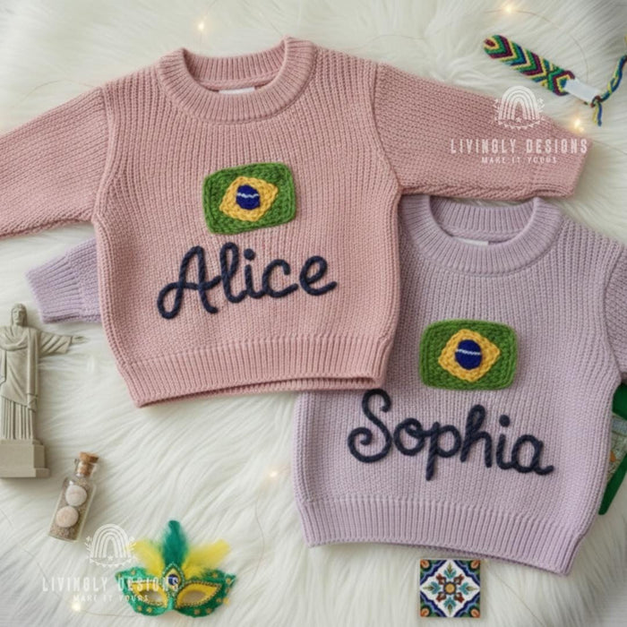 Personalized Name Kids Brazil Flag Knit Sweater