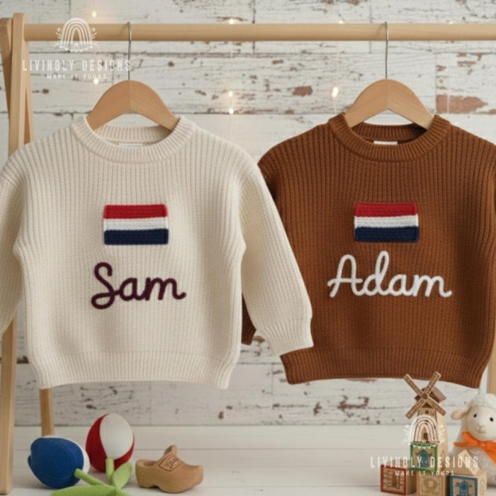 Personalized Name Kids Netherlands Flag Knit Sweater
