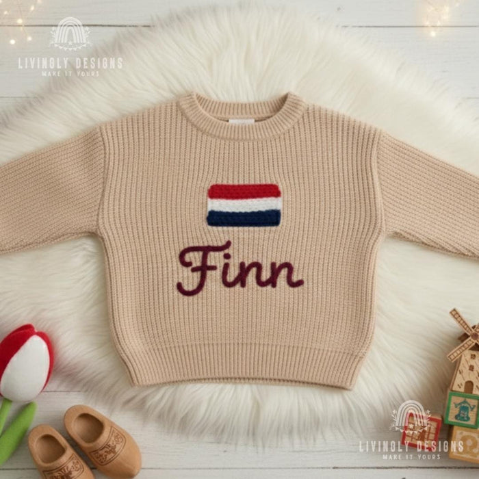 Personalized Name Kids Netherlands Flag Knit Sweater