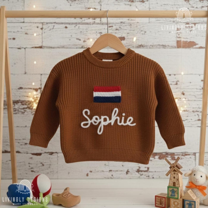 Personalized Name Kids Netherlands Flag Knit Sweater