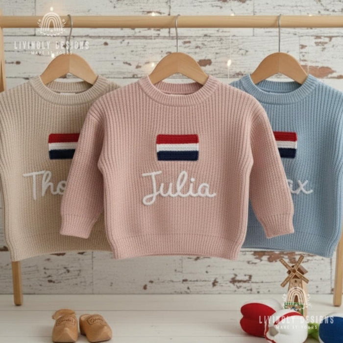 Personalized Name Kids Netherlands Flag Knit Sweater