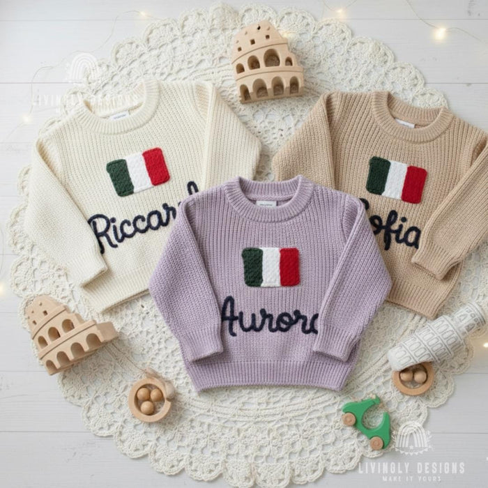 Personalized Name Kids Italy Flag Knit Sweater