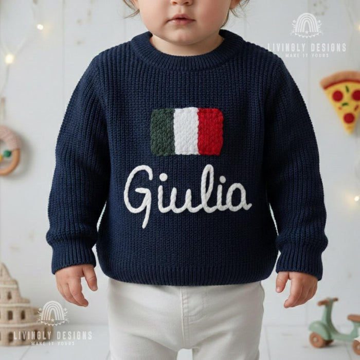 Personalized Name Kids Italy Flag Knit Sweater