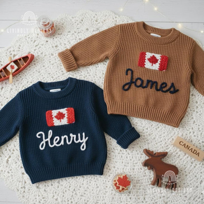 Personalized Name Kids Canada Flag Knit Sweater