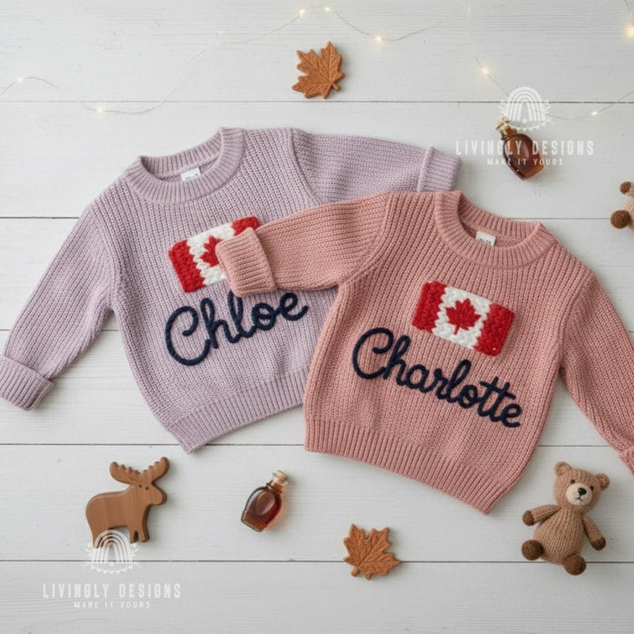Personalized Name Kids Canada Flag Knit Sweater